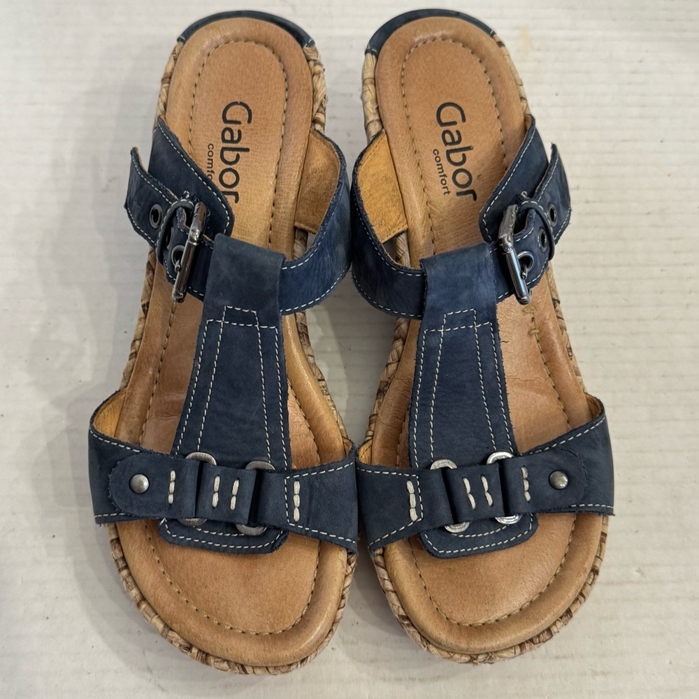 Gabor Damen Blue Wedge Sandals Open Toe Slip-On Buckle Block Heel Size 5.5
